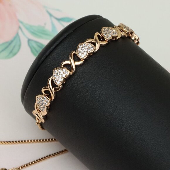 Rose Gold Adjustable Heart Link Bracelet with Sparkling Stones, XPAB0617 - Picture 1 of 12
